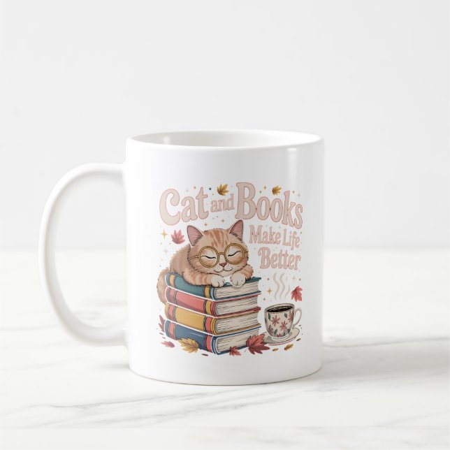 Mug Cosy Cat Reading Books Autumn Design (Left)