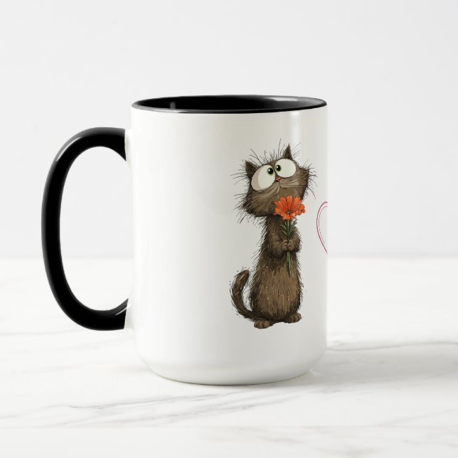 Mug Cute Fluffy Cat Holding a Flower Funny Coffee  (Left)