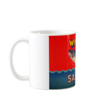 Mug decorated with vintage Alaskan salmon  label