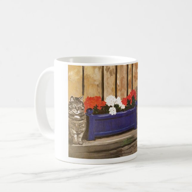 Mug featuring cat and flower box (Front Left)