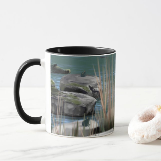 Mug Nature scene with Crocs, Rocks, and Frogs  (With Donut)