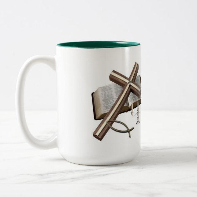 MUG WITH CROSS  AND BIBLE    GREEN &  WHITE (Left)