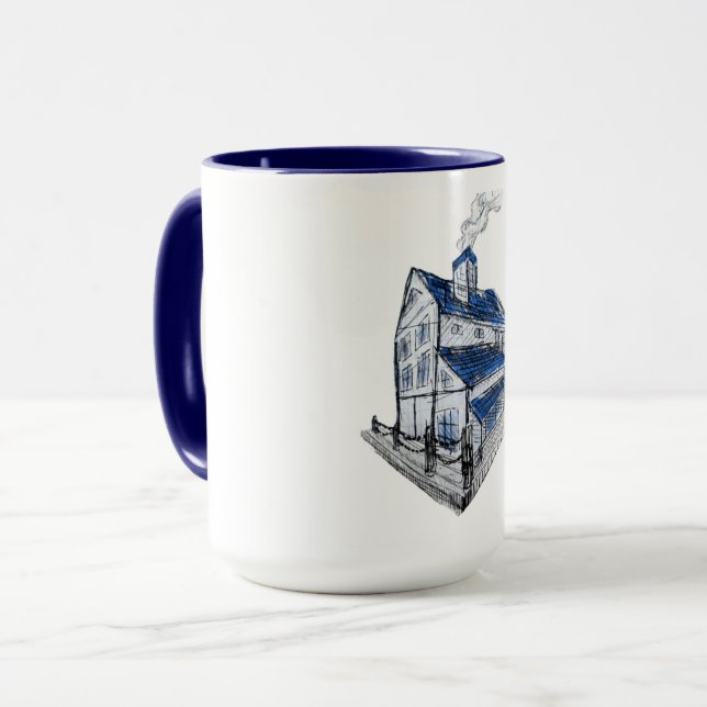Mug with drawing of a sketch style house blue roof (Front Left)