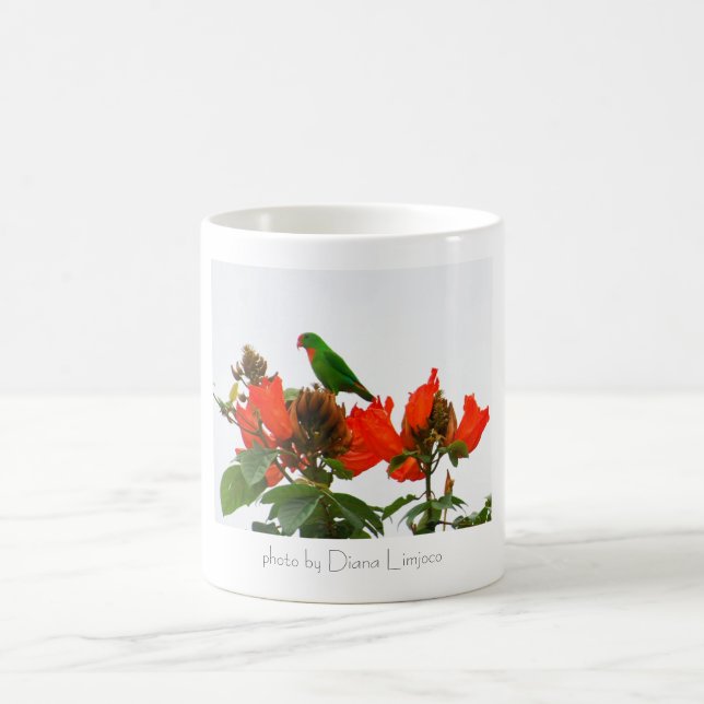 Mug with exotic tropical green and orange parrot (Center)