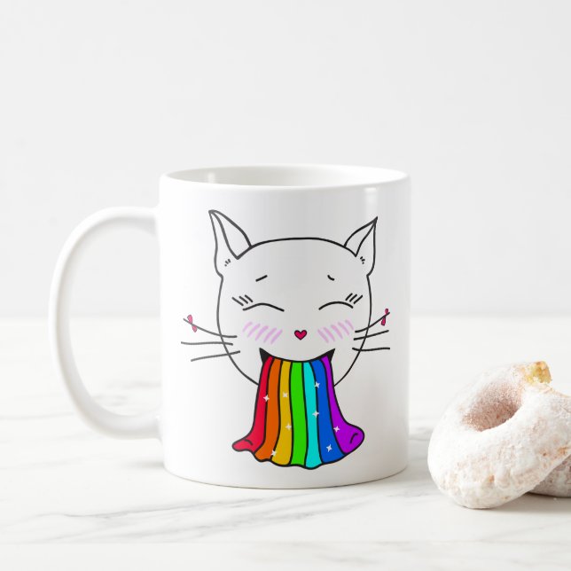 Mug with kawaii cute cat with rainbow. (With Donut)