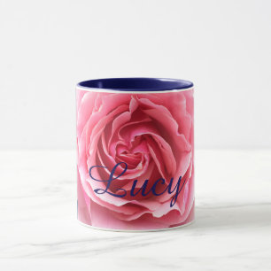 Mug with pink rose with blue trim