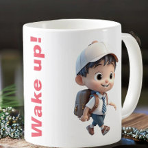 Mug with ringing alarm clock and cute kid