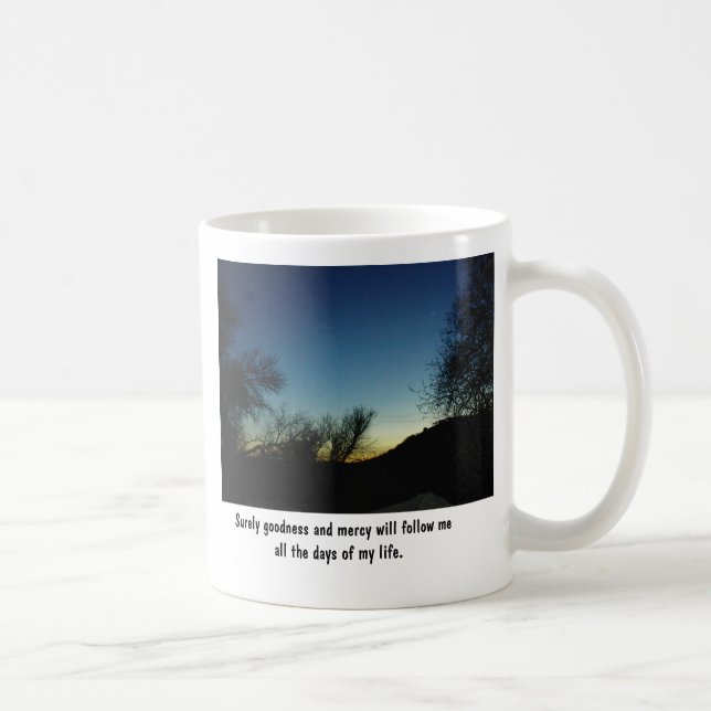Mug with Scripture and sunset framed in trees. (Right)