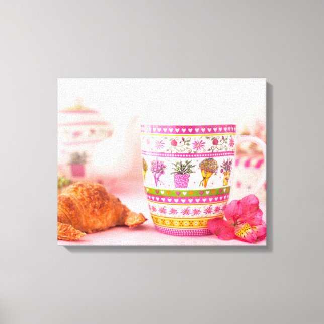 Mug With Tea, Croissant And Flower Canvas Print (Front)