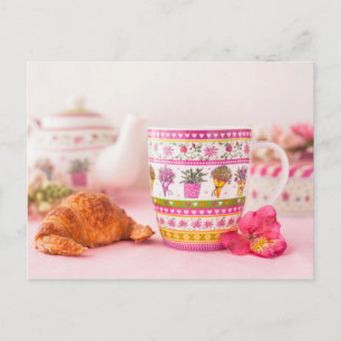 Mug With Tea, Croissant And Flower Postcard