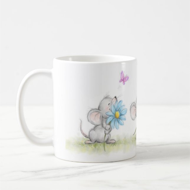mug with three cute mice holding pretty flowers (Left)