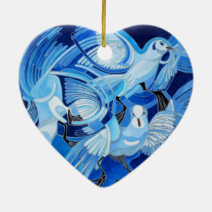 Muge's Pigeons in Blue Ceramic Tree Decoration