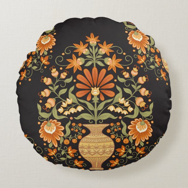 Mughal Fantasy: Retro Floral Opulence Round Cushion (Front)