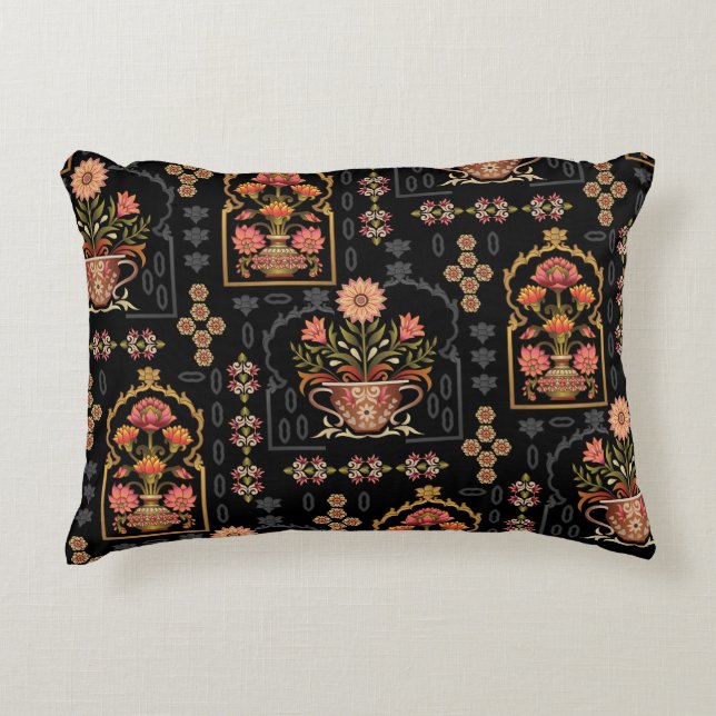 Mughal Floral Motif: Black Seamless. Decorative Cushion (Front)