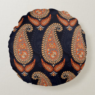 Mughal floral motif pattern on navy round cushion