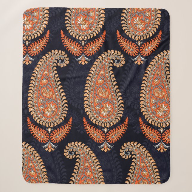 Mughal floral motif pattern on navy sherpa blanket (Front)