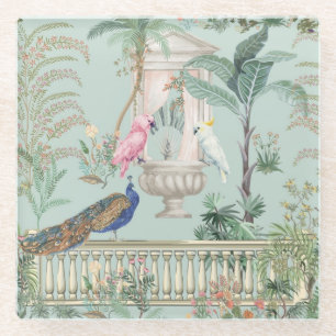 Mughal Garden Parrot Peacock Tropical Forest Glass Coaster