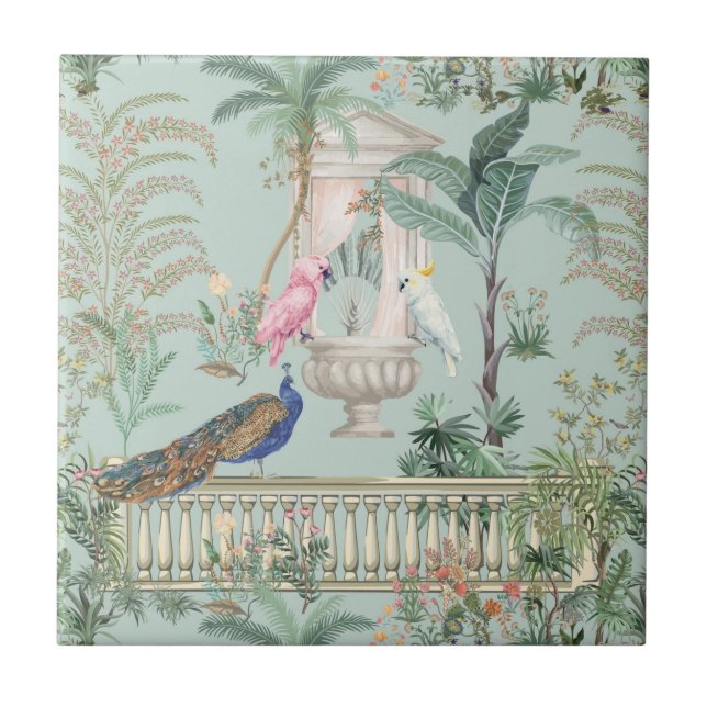 Mughal Garden Parrot Peacock Tropical Forest Tile (Front)