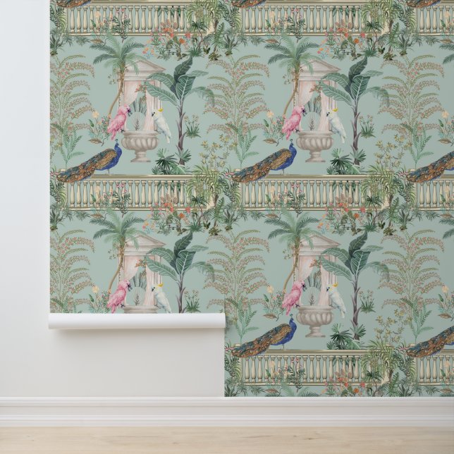 Mughal Garden Parrot Peacock Tropical Forest Wallpaper (Application)