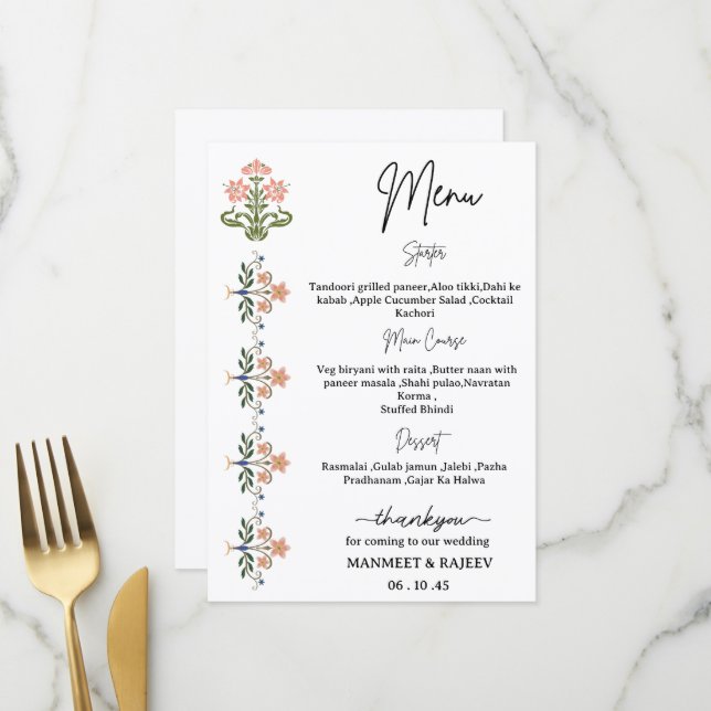 Mughal Natural Motif Indian Wedding Menu  (Front/Back In Situ)