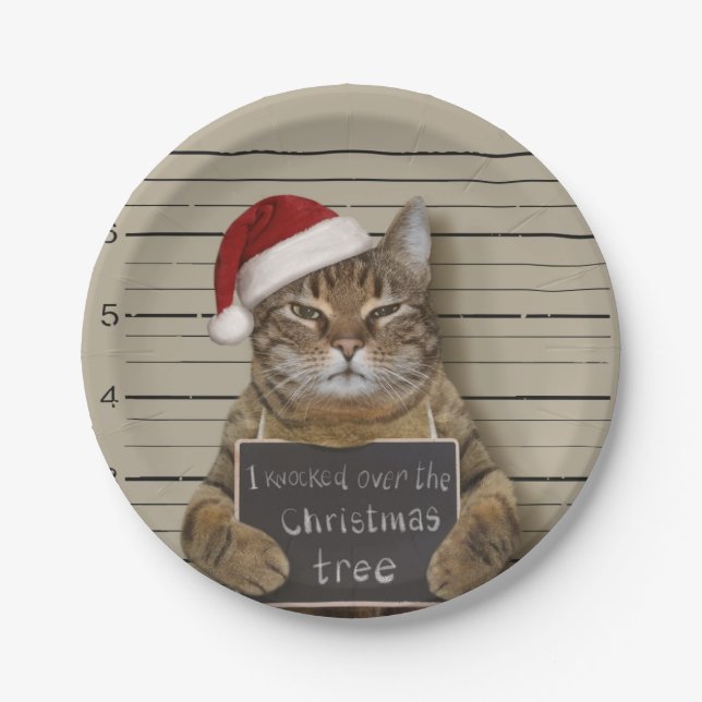 Mugshot Cat Christmas Paper Plate (Front)