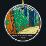 Muir Woods National Monument California Vintage Ceramic Tree Decoration<br><div class="desc">Muir Woods vector artwork design. It is an old-growth coastal redwood forest. Due to its proximity to the Pacific Ocean,  the forest is regularly shrouded in a coastal marine layer fog,  contributing to a wet environment that encourages vigourous plant growth.</div>