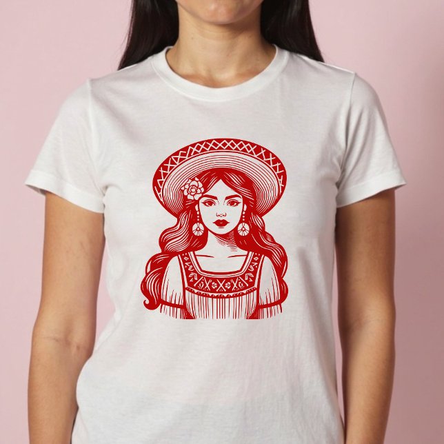 Mujer Mexicana Minimal Red Line Art   T-Shirt (Mujer Mexicana Minimal Red Line Art T-Shirt)