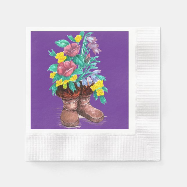 Mukluk Boots & Spring Flower Designed Paper Napkin (Front)