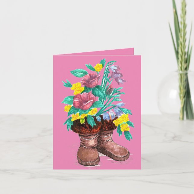Mukluks w/Flowers Watercolor Design Thank You Card (Front)