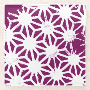 Mulberry and white geometric pattern glass coaster