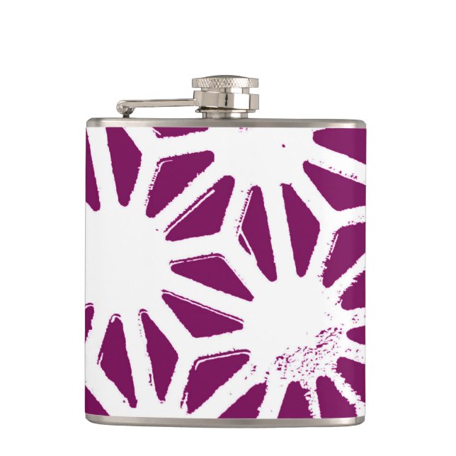 Mulberry and white geometric pattern hip flask (Front)
