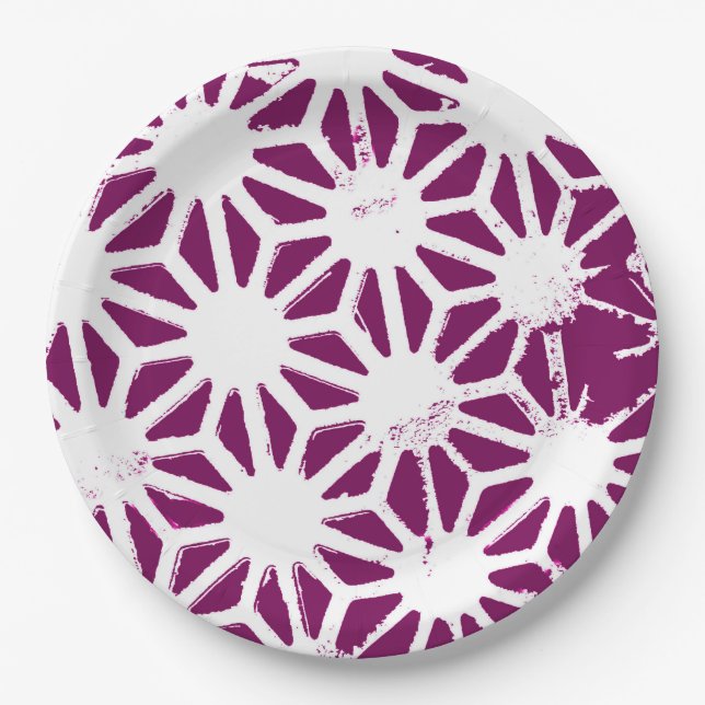 Mulberry and white geometric pattern paper plate (Front)