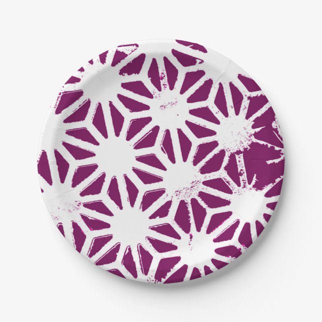 Mulberry and white geometric pattern paper plate (Front)