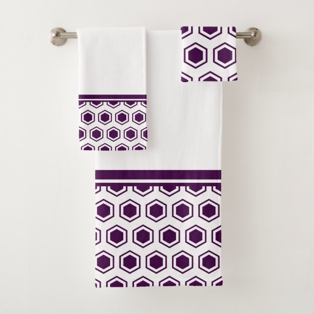 Mulberry and White Hexagonal Pattern Bath Towel Set (Insitu)