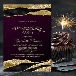 Mulberry Gold Glitter 40th Birthday Party Invitation