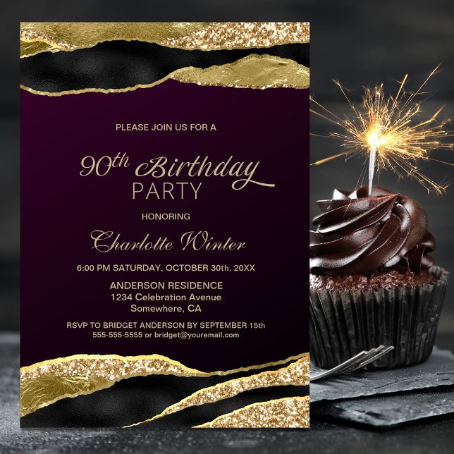 Mulberry Gold Glitter 90th Birthday Party Invitation (Creator Uploaded)