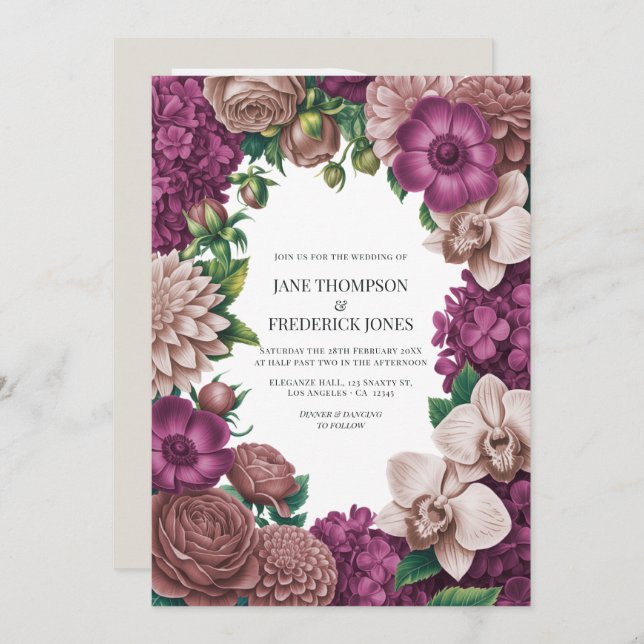 Mulberry, Mauve Clay & Soft Fig Wedding Invitation (Front/Back)