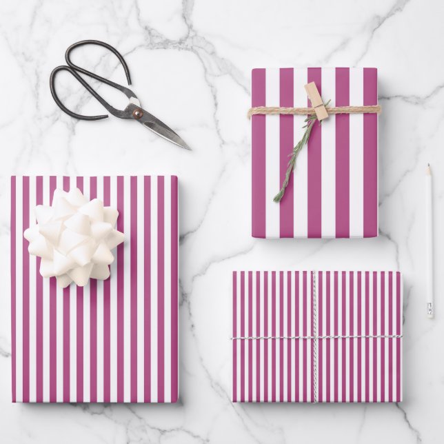 Mulberry Pink & White Stripes Wrapping Paper Sheet (Front)