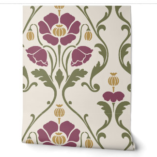 Mulberry Plum and Olive Art Nouveau Poppy Damask Wallpaper