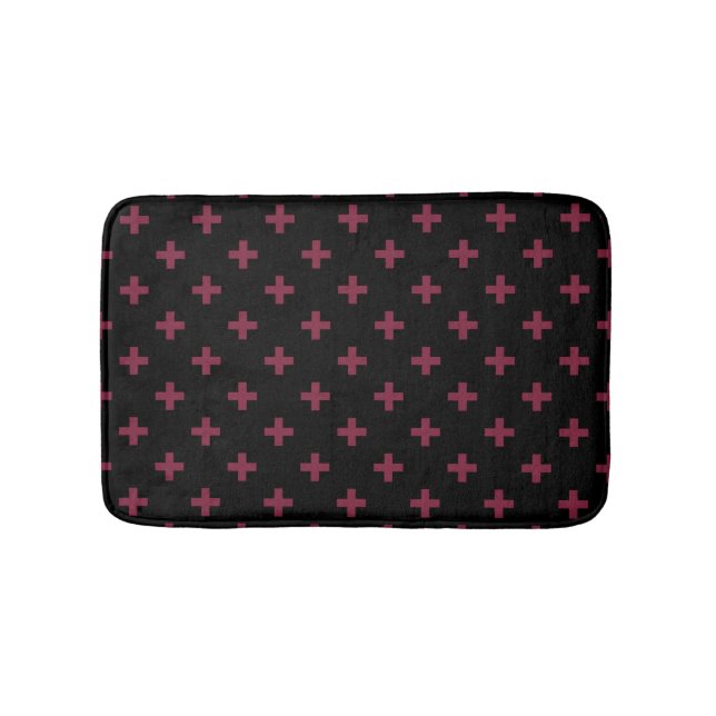 Mulberry polka crosses on black bath mat (Front)