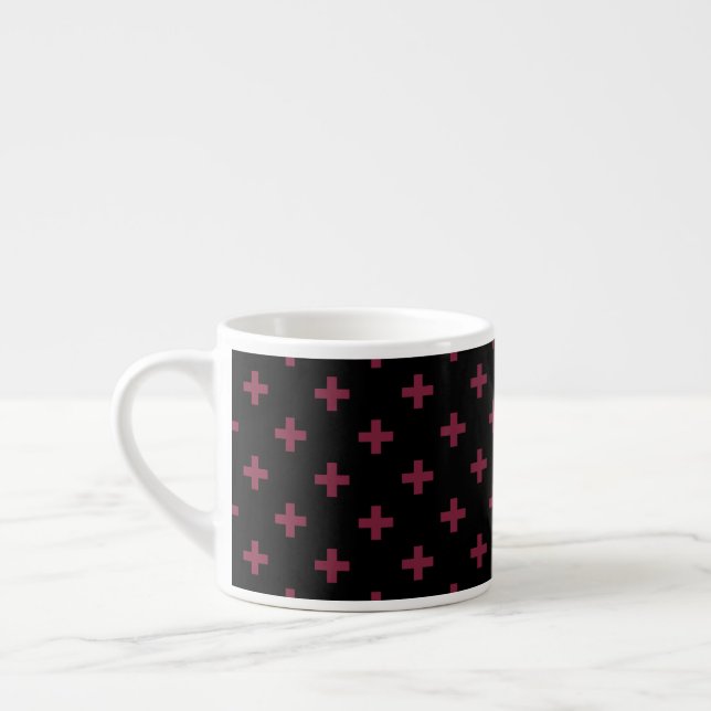 Mulberry polka crosses on black espresso cup (Left)