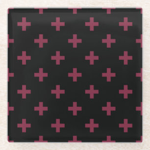Mulberry polka crosses on black glass coaster