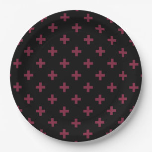 Mulberry polka crosses on black paper plate