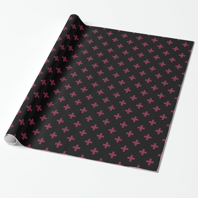 Mulberry polka crosses on black wrapping paper (Unrolled)