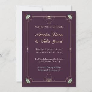 Mulberry Teal Notched Deco Wedding Invitation