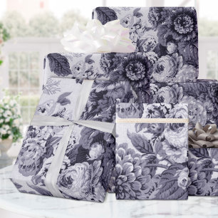 Mulberry Tone Black & White Vintage Floral Toile Wrapping Paper