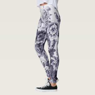 Mulberry Toned Black & White Vintage Floral Toile Leggings