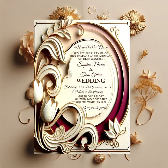 Mulberry Tulip Baroque Grandeur Gold Faux Wedding Invitation (Mulberry Tulip Baroque Grandeur Gold Faux Wedding Invitation)