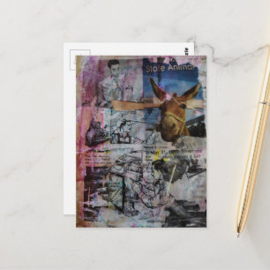 Mule and Men a unique Mixed Media Collage Postcard