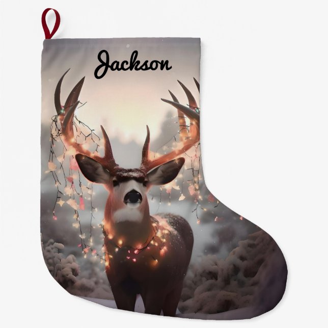 Mule Deer and Christmas Lights Large Christmas Stocking (Front)